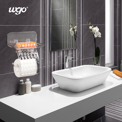 Dispensador de papel higiénico transparente de baño montado en la pared del WGO Dispensador de papel higiénico con estante de almacenamiento de teléfono